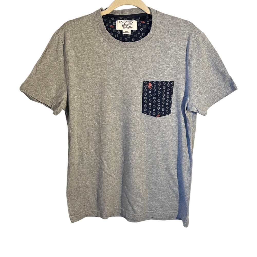 Penguin by Munsingwear Mens Sz Large Gray Shirt Blue Geometric Designs Pocket